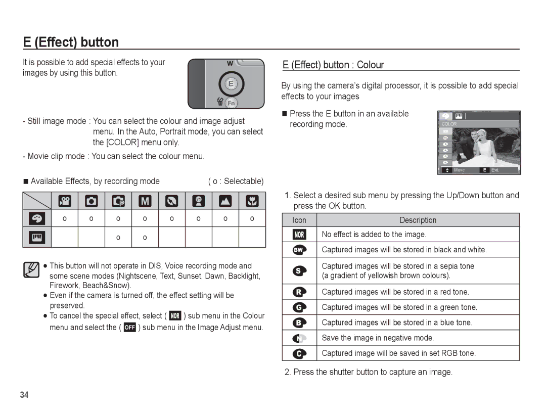 Samsung EC-P10ZZSBB/FR manual † Š ‰, Effect button Colour, Gradient of yellowish brown colours 