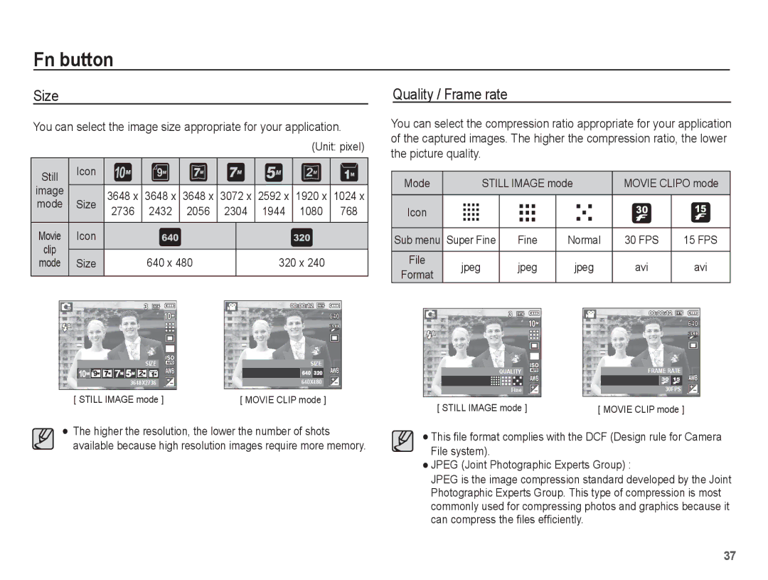 Samsung EC-P10ZZSBB/FR manual Size, Quality / Frame rate 