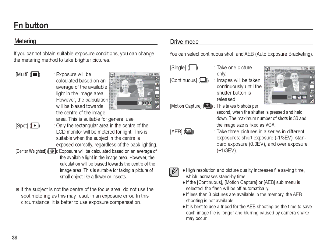 Samsung EC-P10ZZSBB/FR manual Metering, Drive mode 