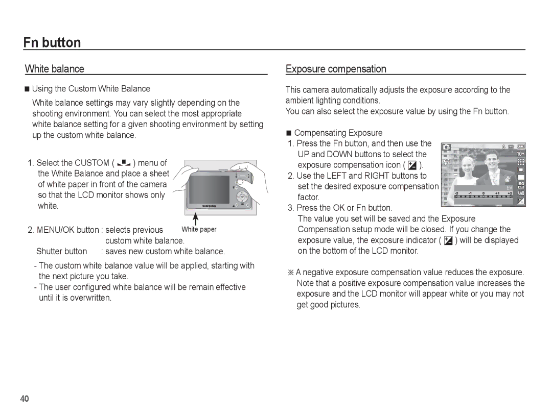 Samsung EC-P10ZZSBB/FR manual Exposure compensation, White, Custom white balance, MENU/OK button selects previous 