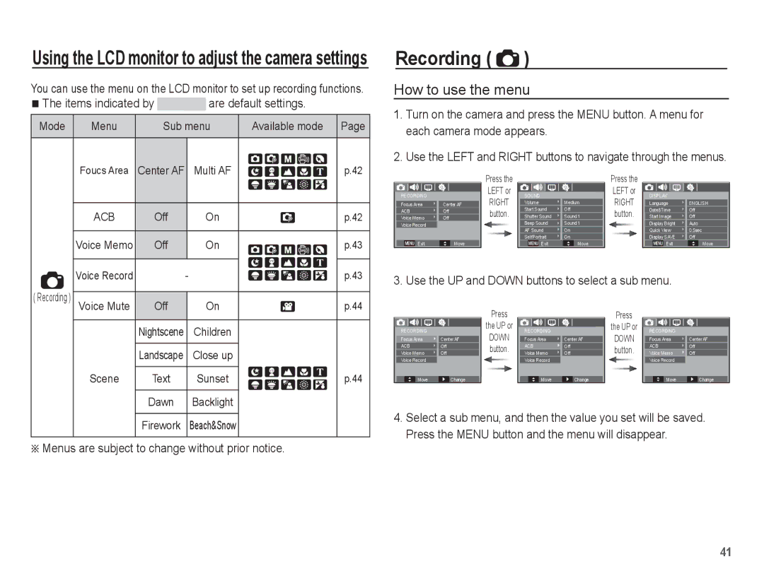 Samsung EC-P10ZZSBB/FR manual Recording, How to use the menu, Items indicated by are default settings 