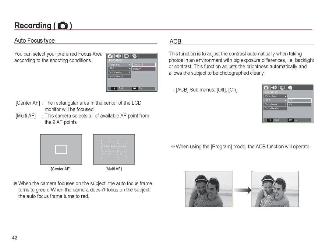 Samsung EC-P10ZZSBB/FR manual Auto Focus type, When using the Program mode, the ACB function will operate 