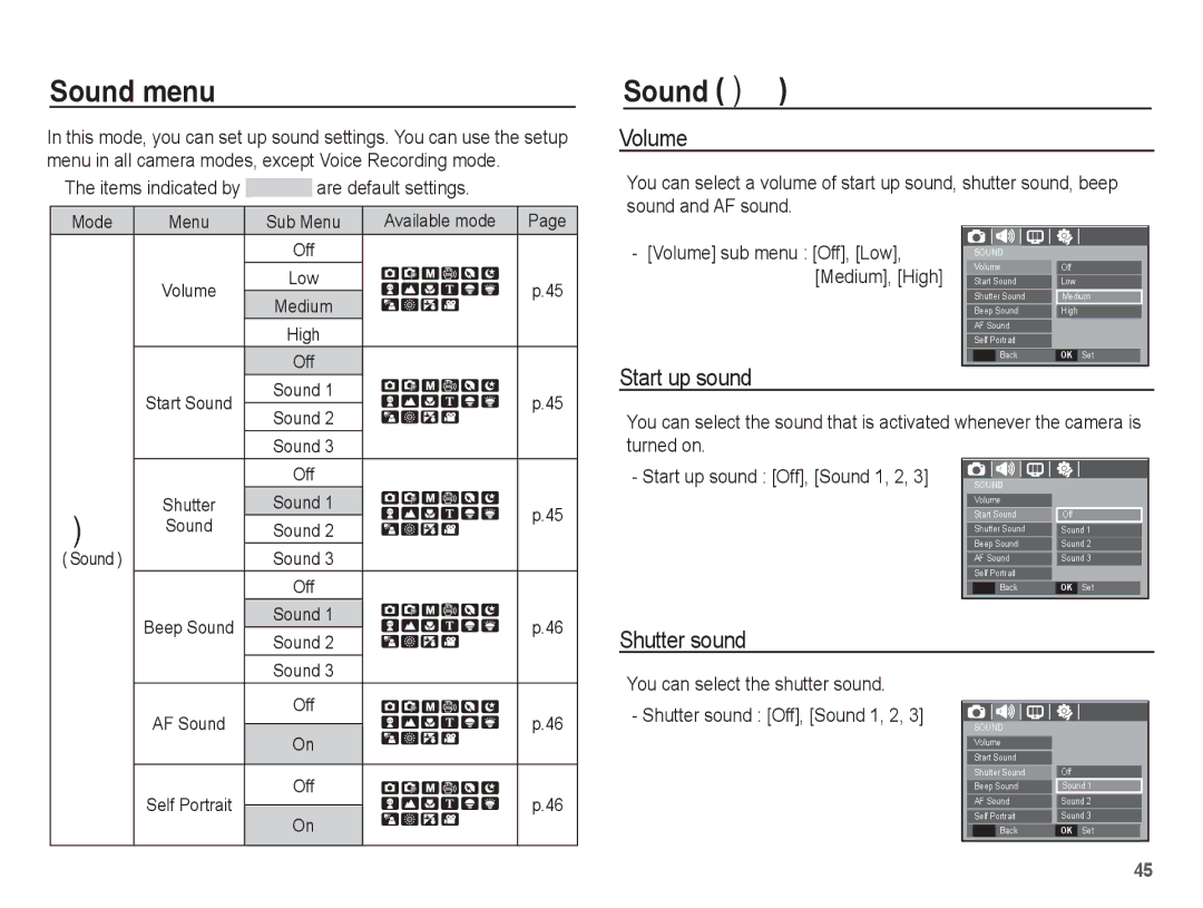 Samsung EC-P10ZZSBB/FR manual Sound menu, Sound , Volume, Start up sound, Shutter sound 