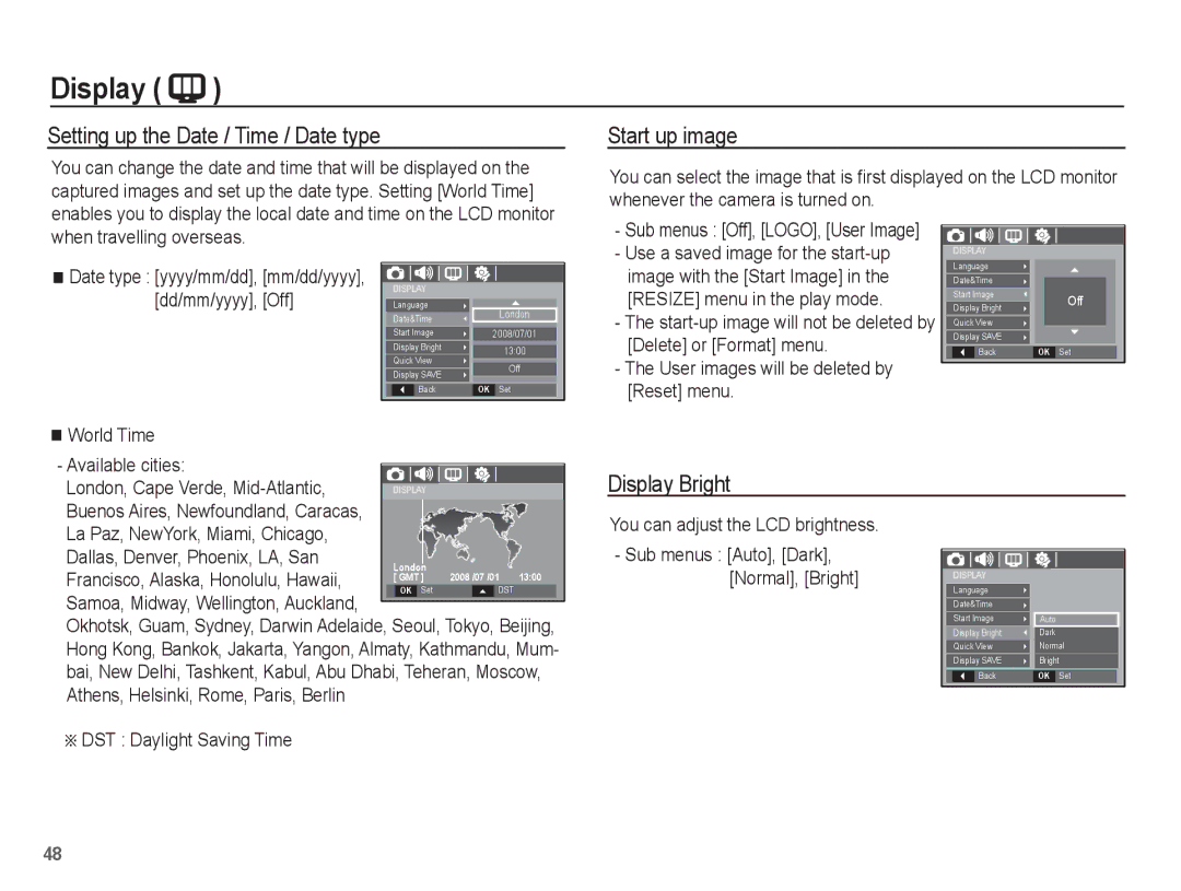 Samsung EC-P10ZZSBB/FR manual Setting up the Date / Time / Date type, Start up image, Display Bright 