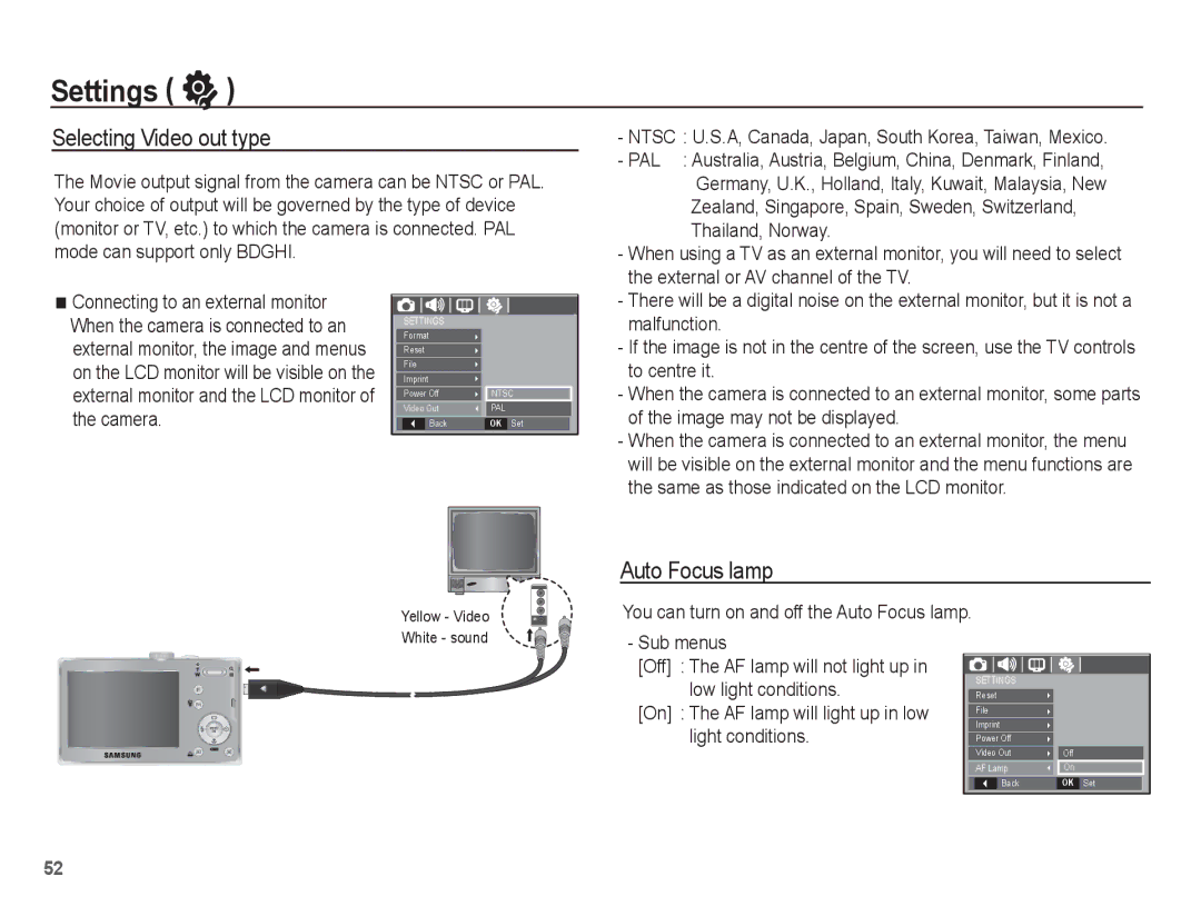 Samsung EC-P10ZZSBB/FR manual Selecting Video out type, Auto Focus lamp 