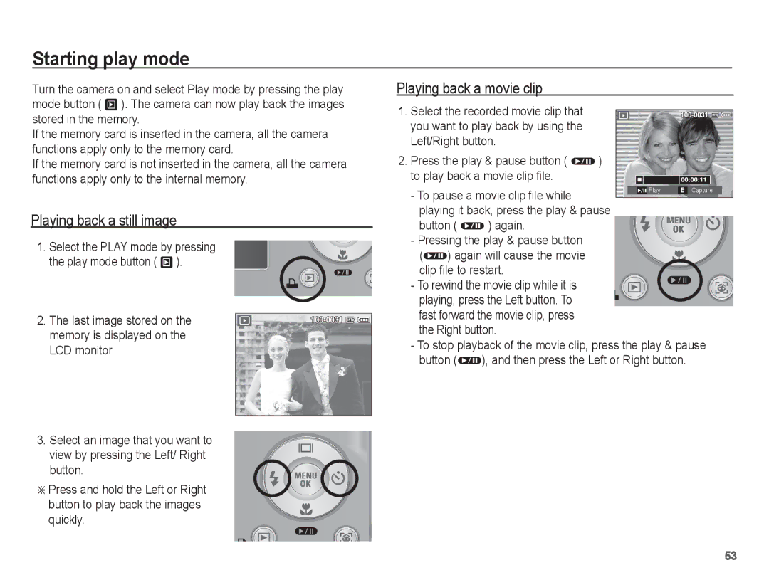 Samsung EC-P10ZZSBB/FR Starting play mode, Playing back a still image, Playing back a movie clip, Clip file to restart 