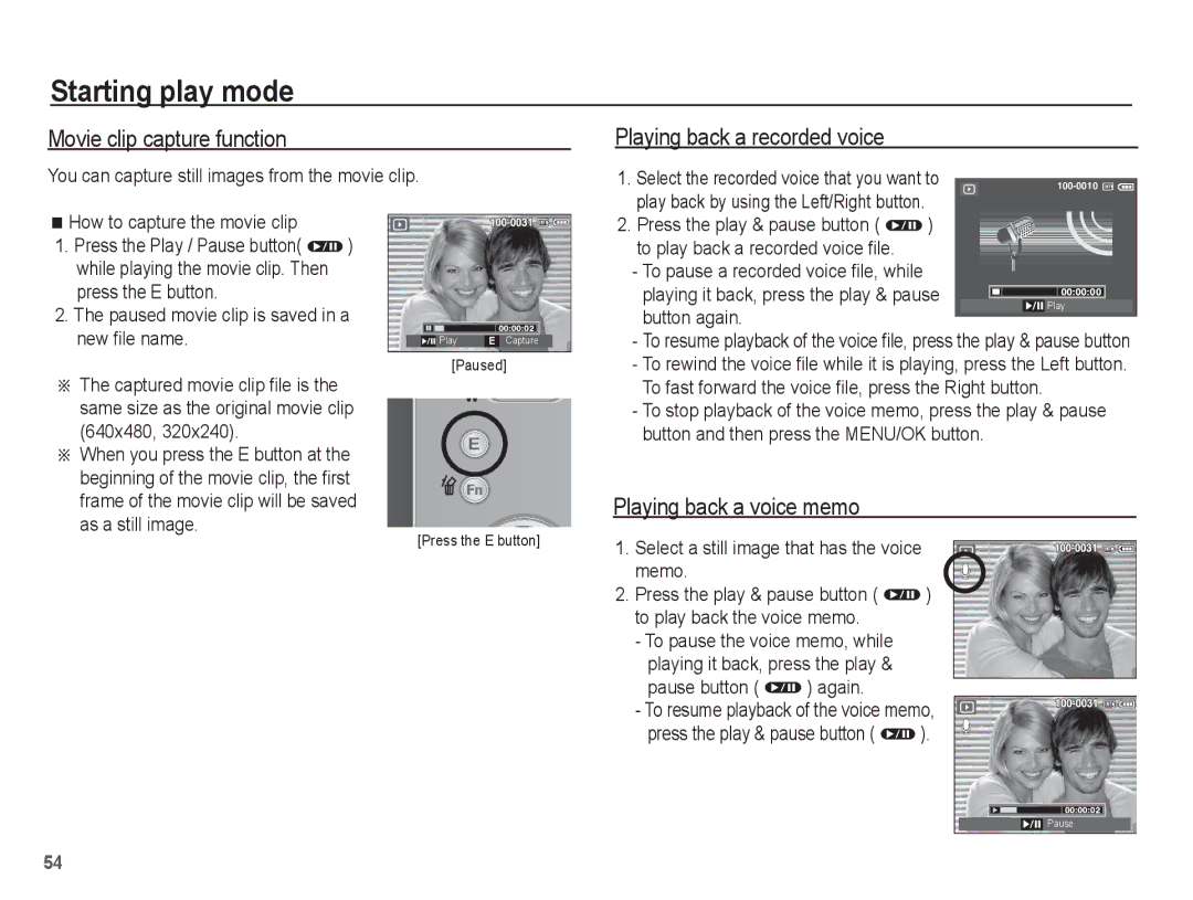 Samsung EC-P10ZZSBB/FR manual Movie clip capture function, Playing back a recorded voice, Playing back a voice memo 