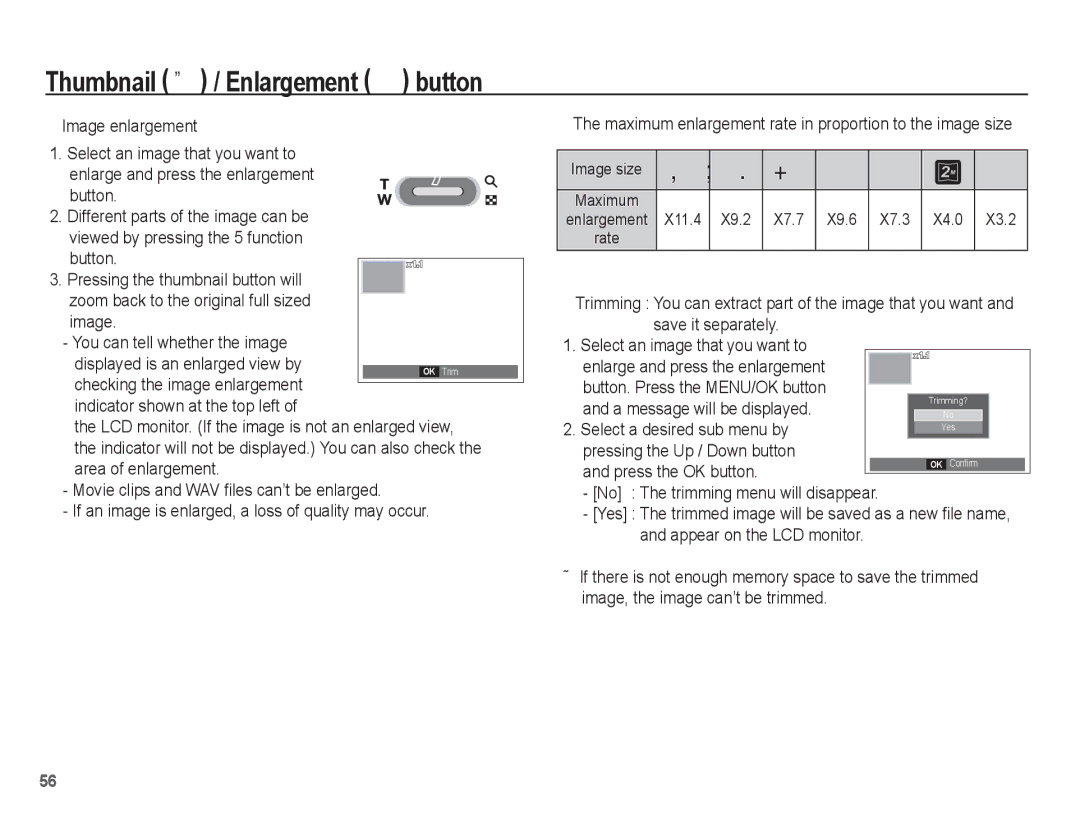 Samsung EC-P10ZZSBB/FR manual Thumbnail º / Enlargement í, Image enlargement, Button, A message will be displayed 