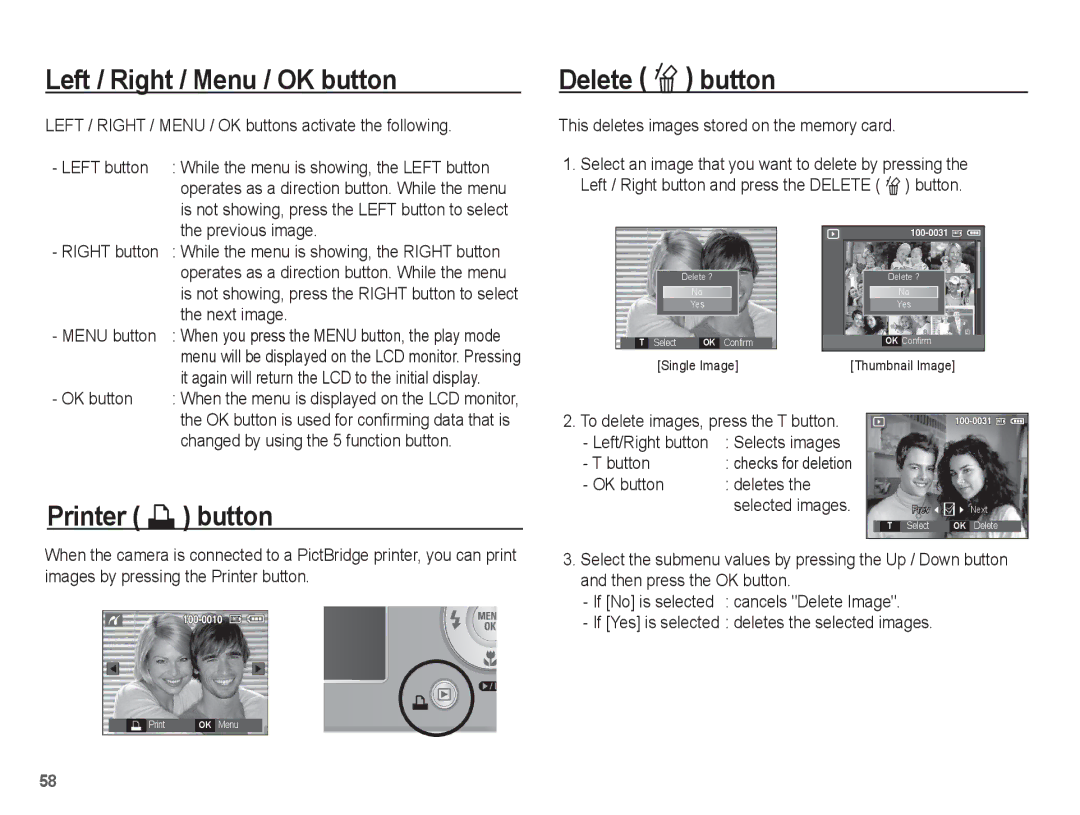 Samsung EC-P10ZZSBB/FR manual Left / Right / Menu / OK button, Delete Õ button, Printer » button 