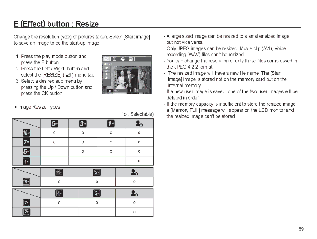 Samsung EC-P10ZZSBB/FR manual Effect button Resize 