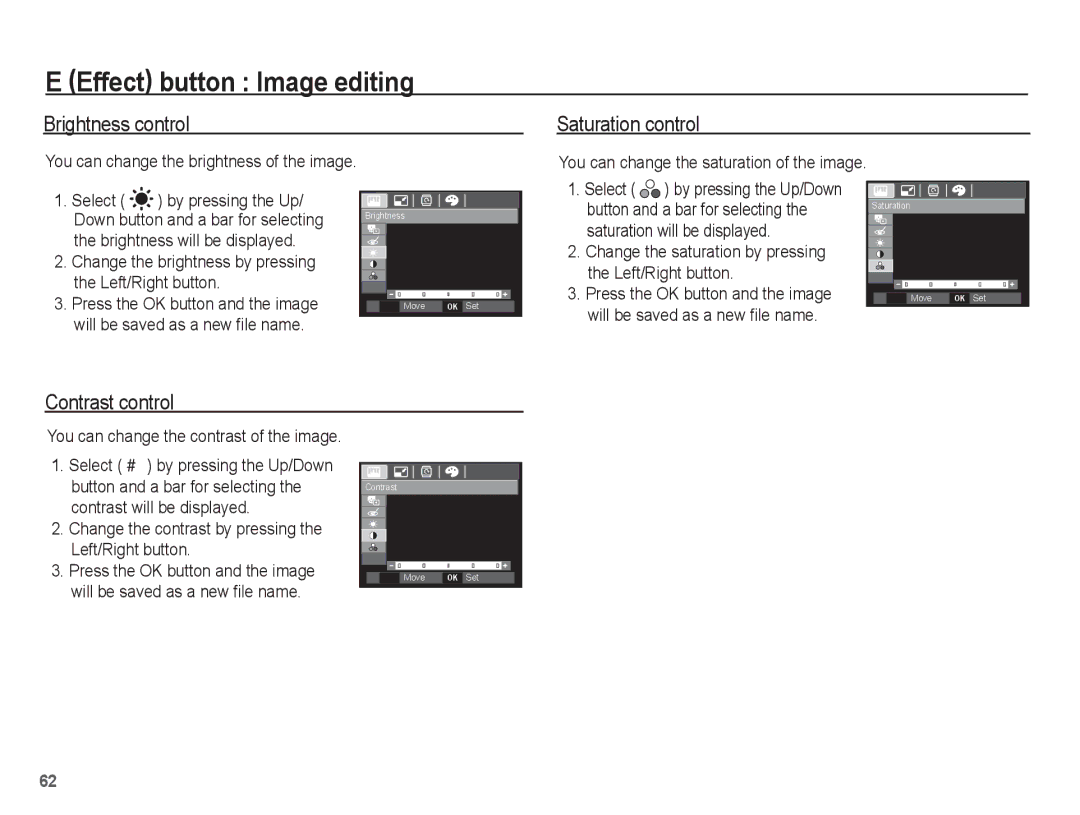 Samsung EC-P10ZZSBB/FR manual Brightness control, Saturation control, Contrast control 