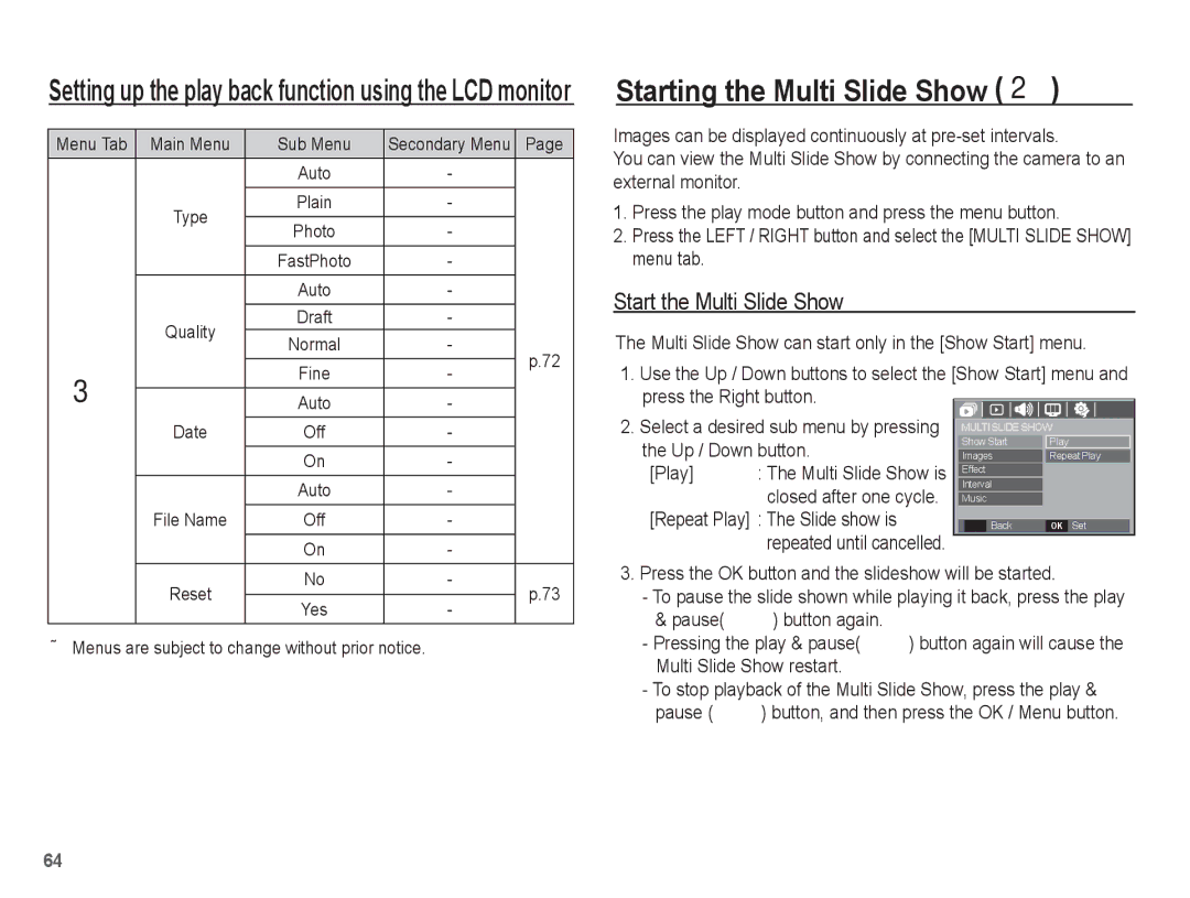 Samsung EC-P10ZZSBB/FR Starting the Multi Slide Show , Start the Multi Slide Show, Repeat Play The Slide show is 