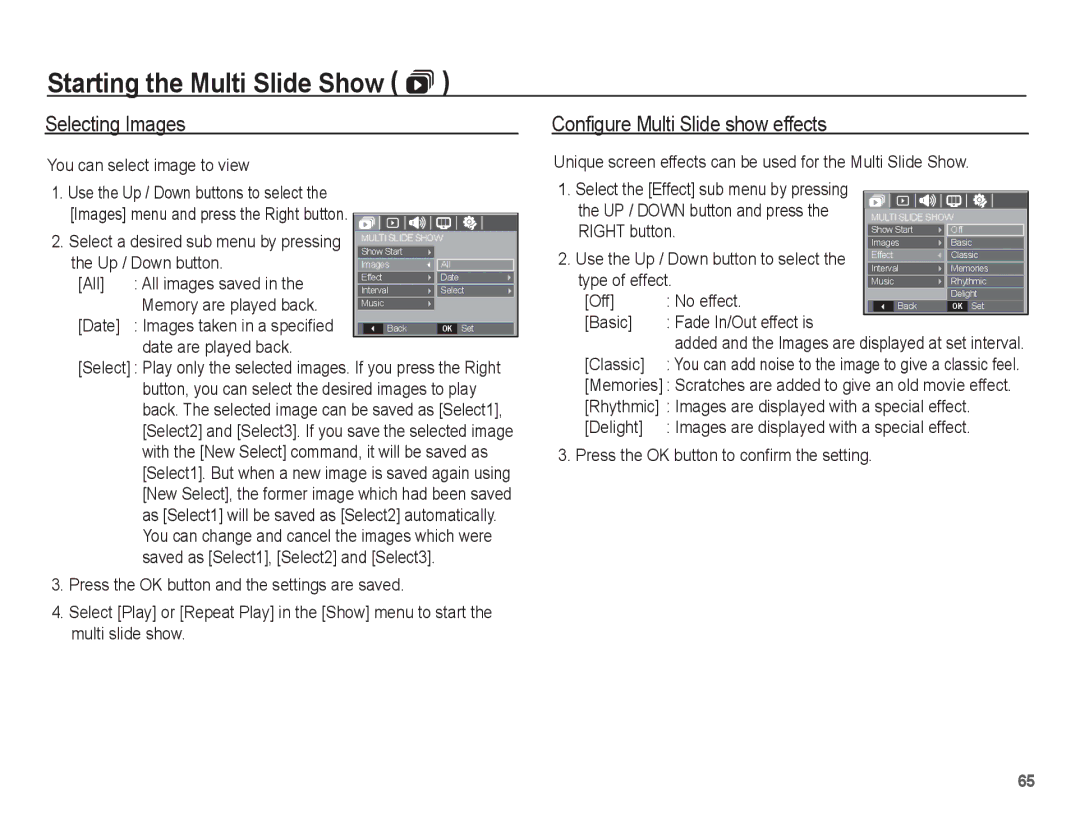 Samsung EC-P10ZZSBB/FR manual Selecting Images, Configure Multi Slide show effects 