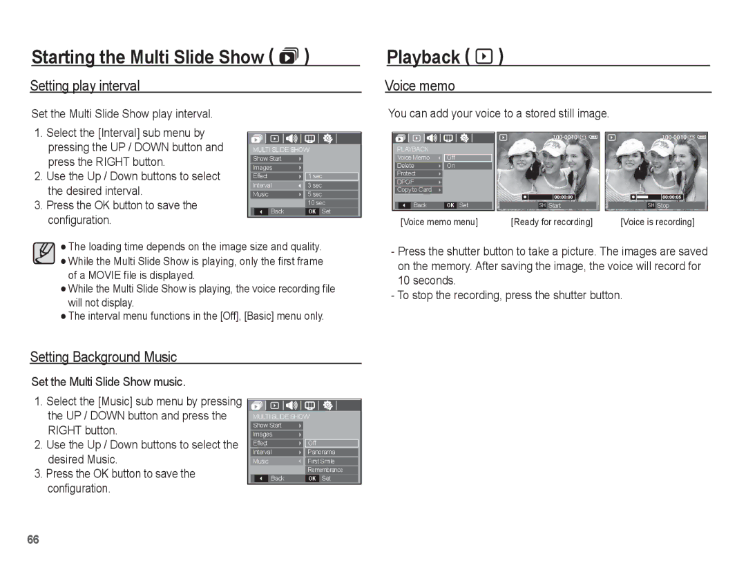 Samsung EC-P10ZZSBB/FR manual Playback à, Setting play interval, Voice memo, Setting Background Music 