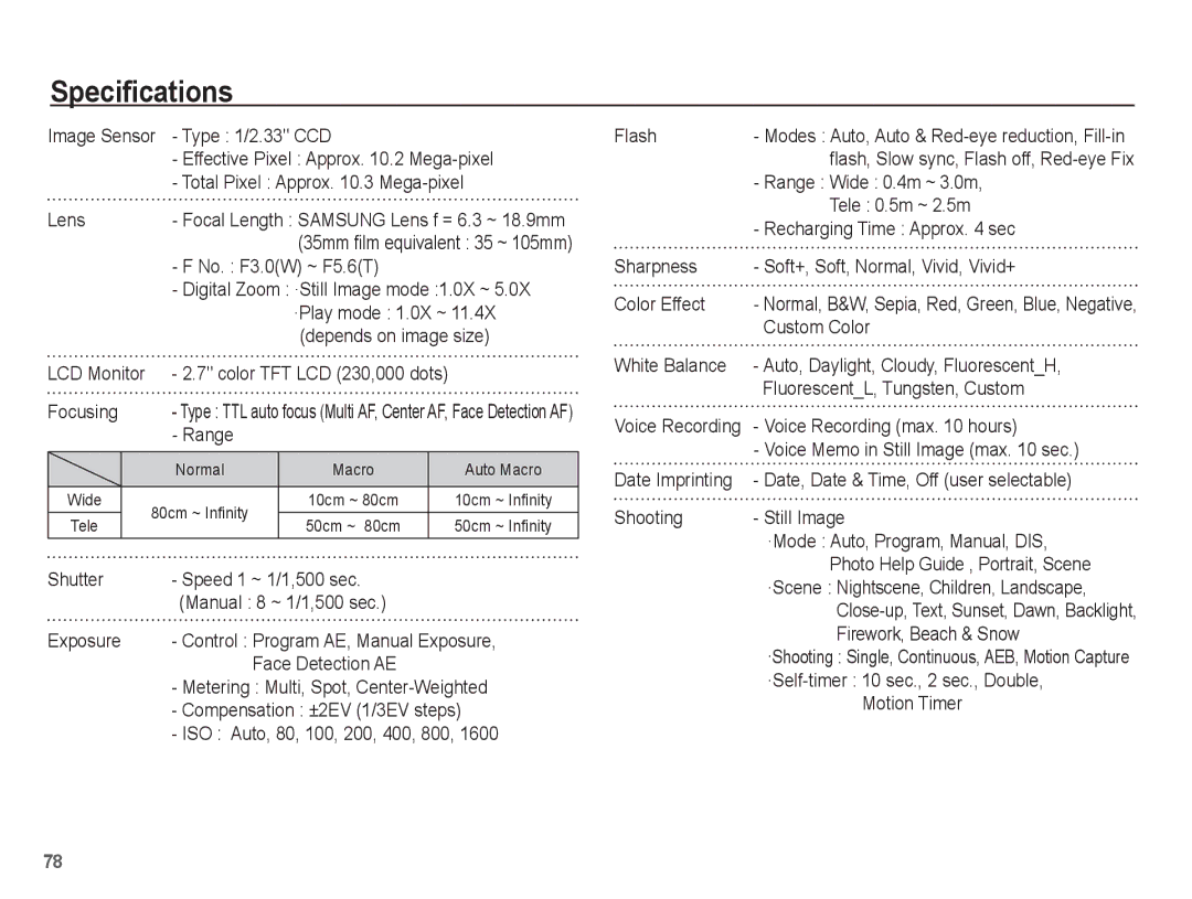 Samsung EC-P10ZZSBB/FR manual Specifications 