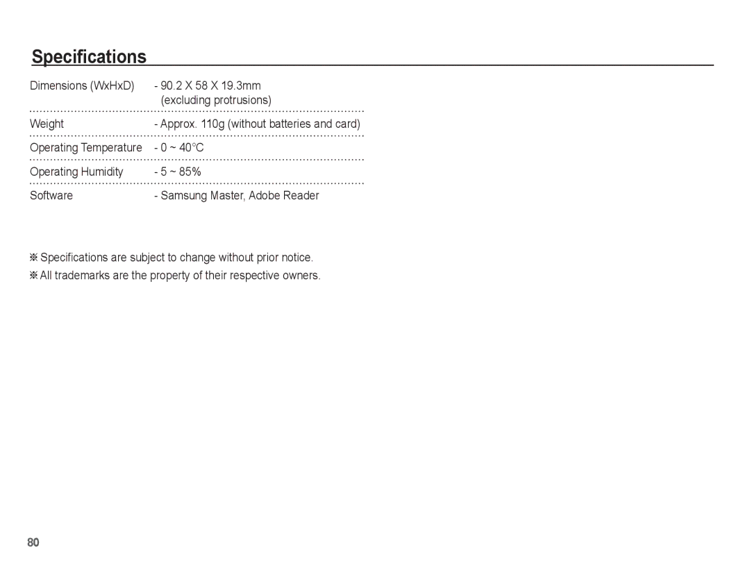 Samsung EC-P10ZZSBB/FR manual ~ 40C, Operating Temperature 