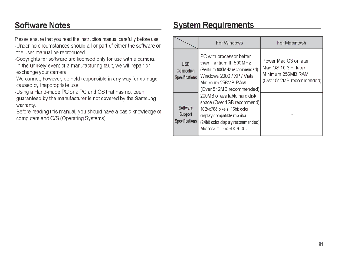 Samsung EC-P10ZZSBB/FR manual Software Notes, System Requirements 