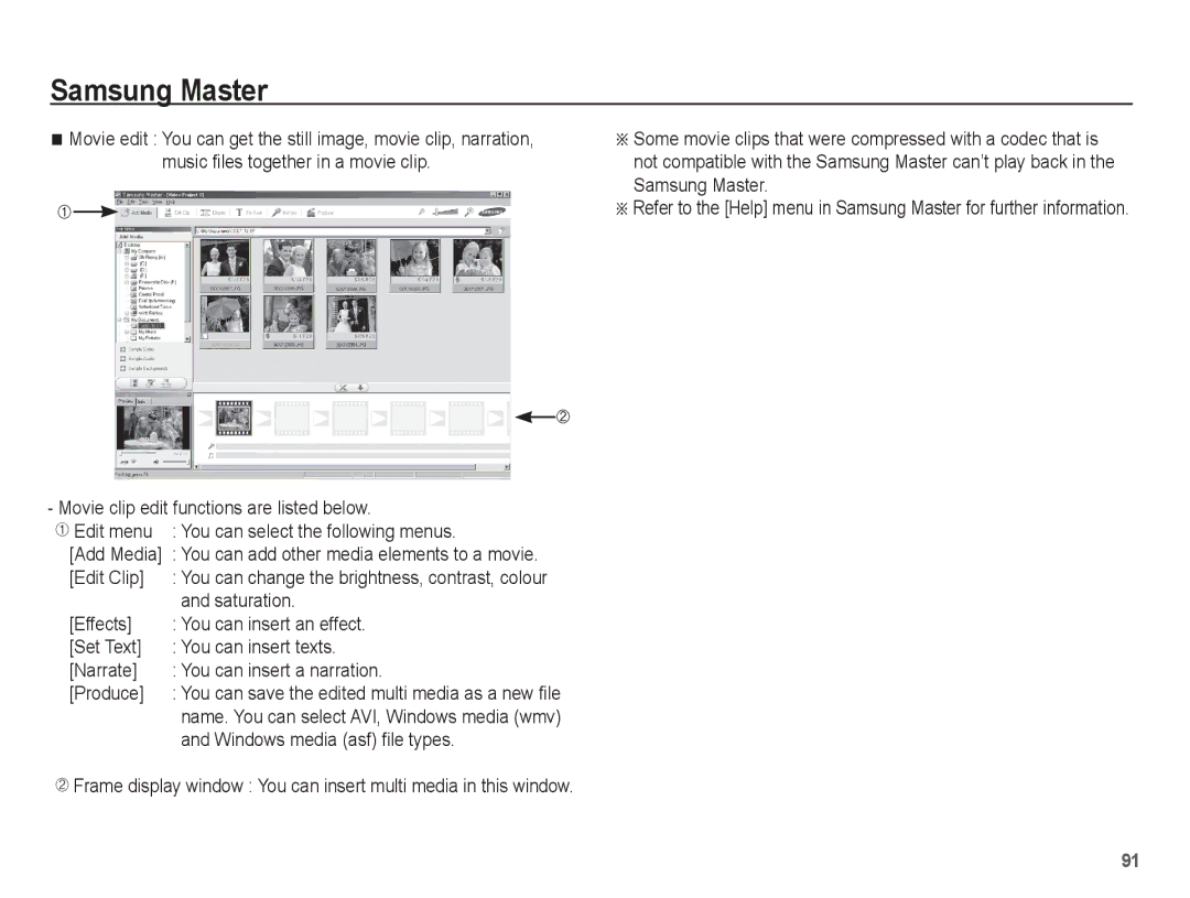 Samsung EC-P10ZZSBB/FR manual Edit Clip, Windows media asf file types, Add Media 