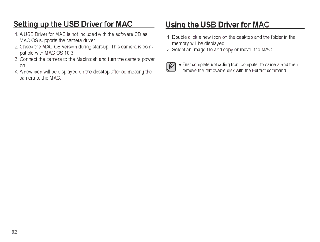 Samsung EC-P10ZZSBB/FR manual Setting up the USB Driver for MAC, Using the USB Driver for MAC 