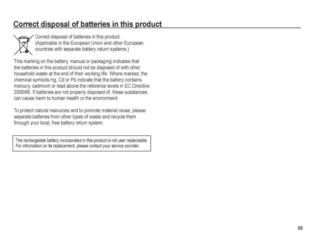 Samsung EC-P10ZZSBB/FR manual Correct disposal of batteries in this product 