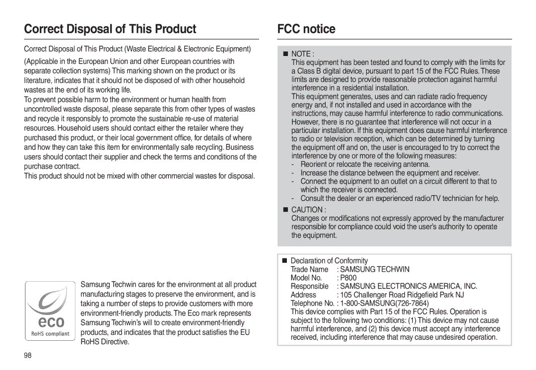 Samsung EC-P800ZPFA/IT manual Correct Disposal of This Product, FCC notice,  Note, Telephone No -800-SAMSUNG726-7864 