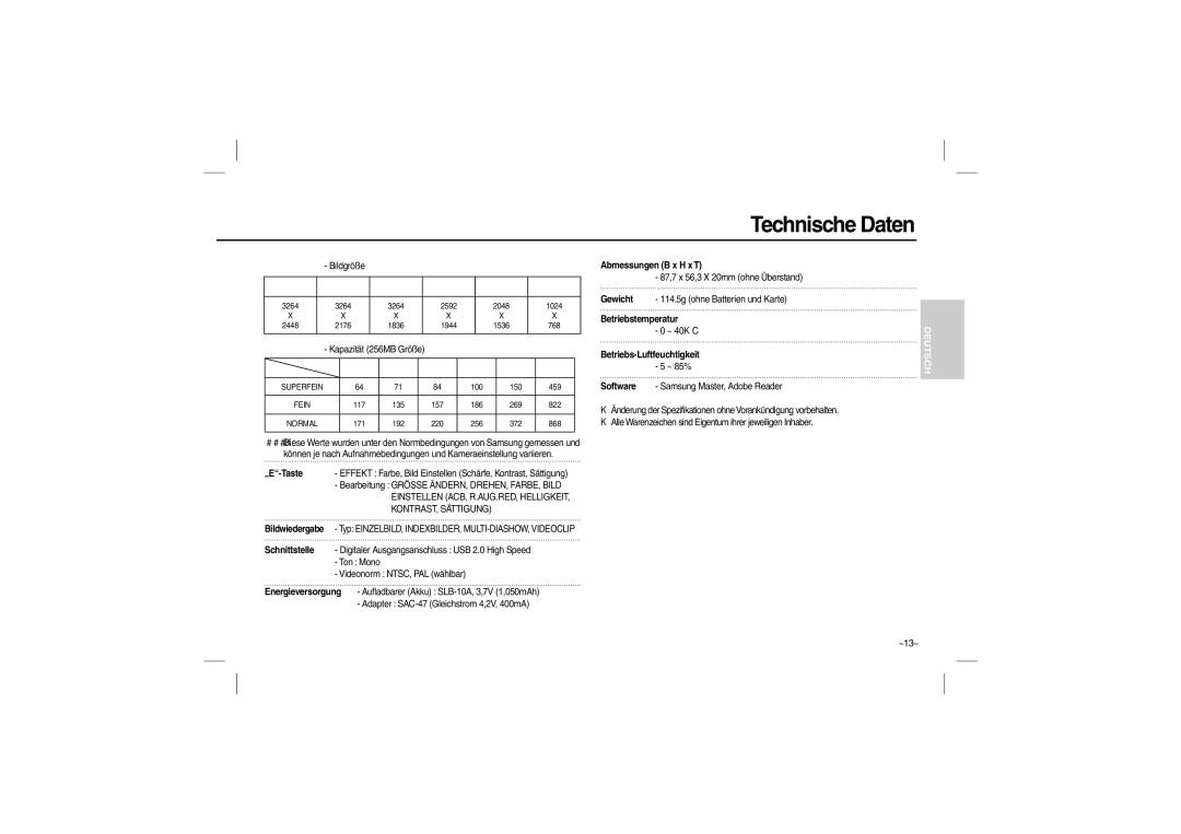 Samsung EC-P800ZPBA/IT, EC-P800ZPFA/IT Einstellen ACB, R.AUG.RED, Helligkeit, KONTRAST, Sättigung, Abmessungen B x H x T 