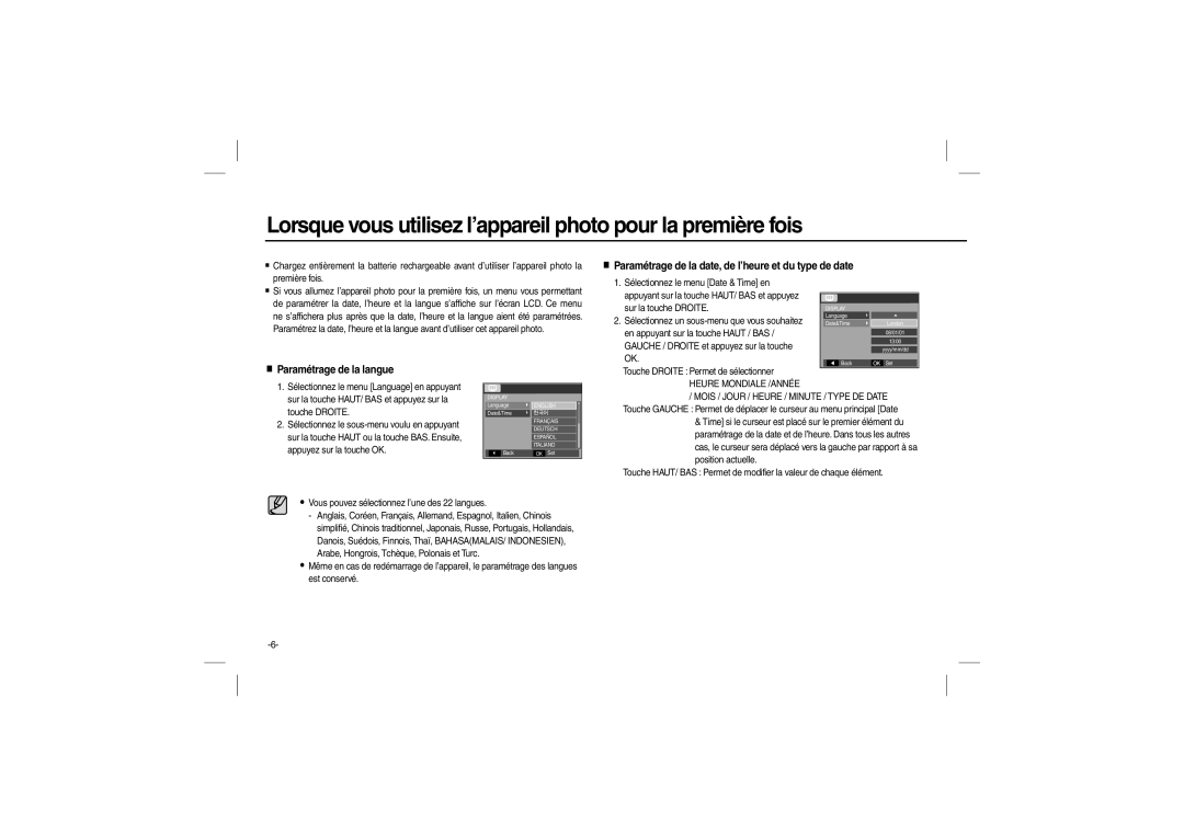 Samsung EC-P800ZPBA/IT, EC-P800ZPFA/IT Paramétrage de la date, de l’heure et du type de date, Paramétrage de la langue 