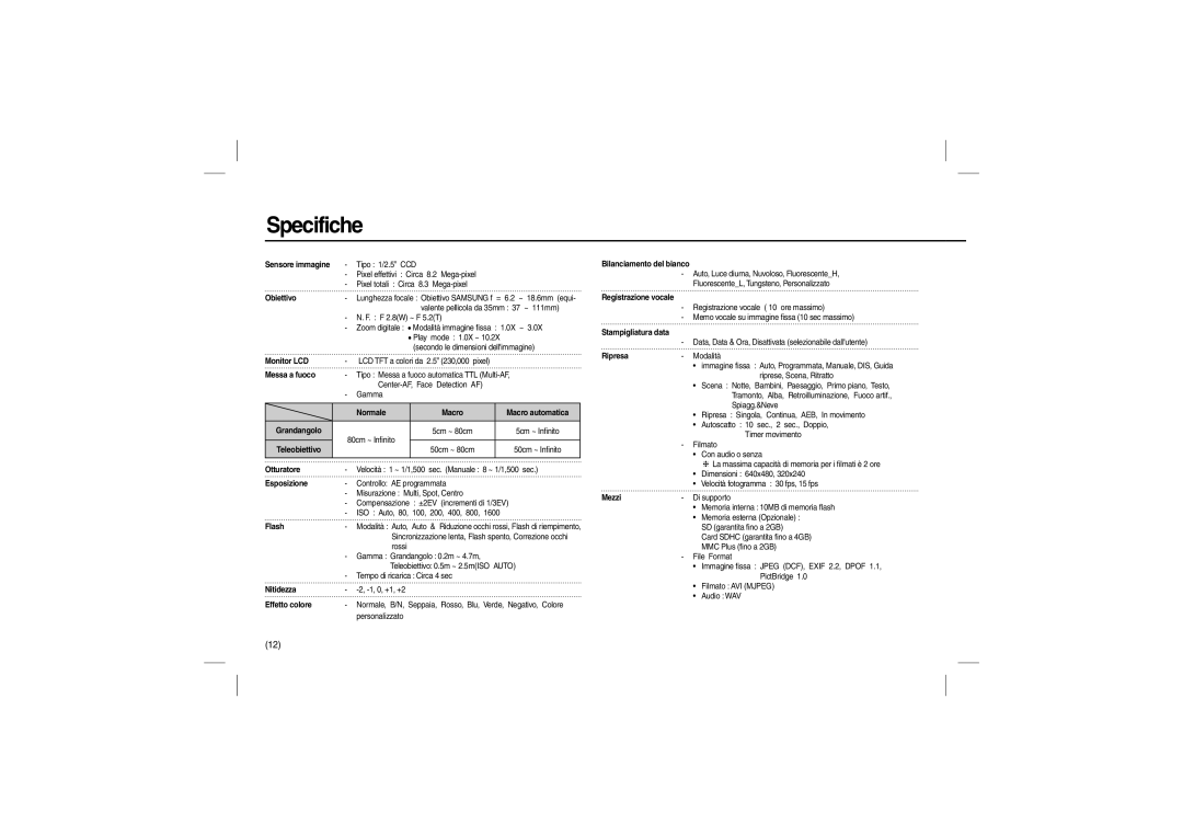 Samsung EC-P800ZBHA/E1, EC-P800ZPFA/IT, EC-P800ZPFAIT, EC-P800ZBBA/IT, EC-P800ZPBA/IT, EC-P800ZBFA/IT Specifiche, Obiettivo 