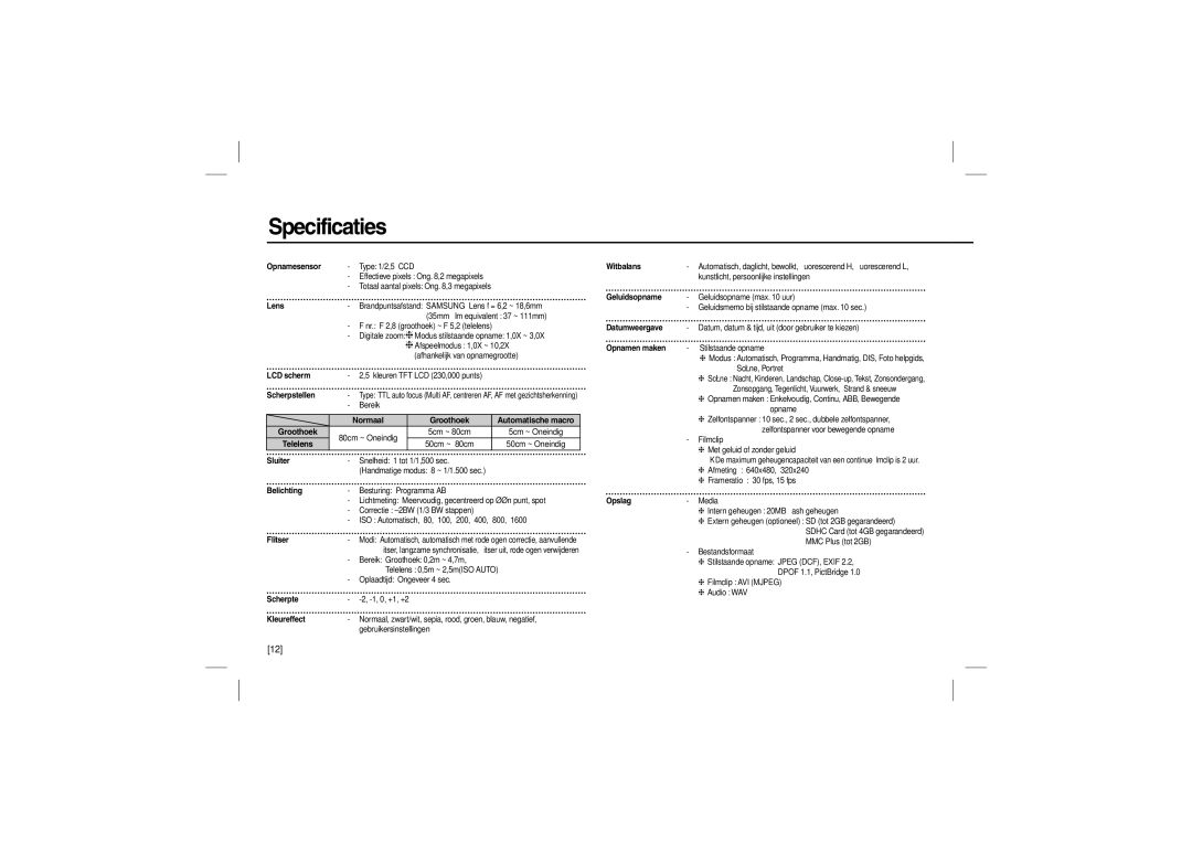 Samsung EC-P800ZPBA/IT, EC-P800ZPFA/IT, EC-P800ZPFAIT, EC-P800ZBBA/IT, EC-P800ZBFA/IT, EC-P800ZBHA/E1 manual Specificaties, Lens 