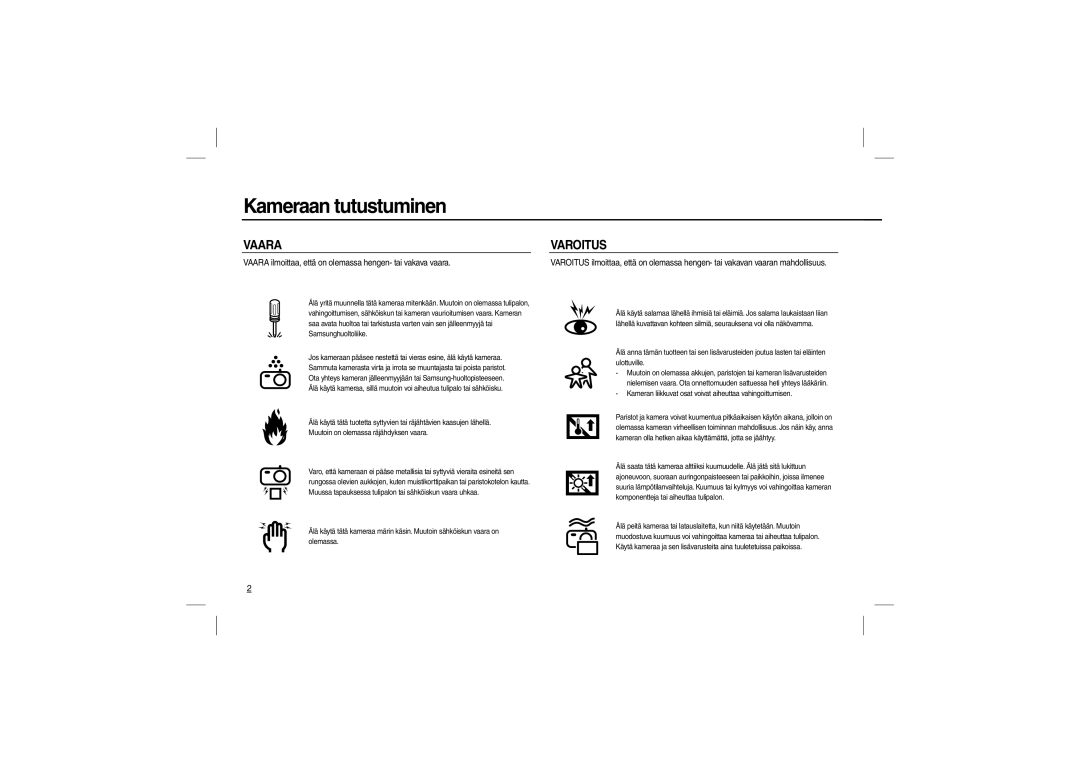 Samsung EC-P800ZPBA/E1, EC-P800ZPFA/IT manual Varoitus, Vaara ilmoittaa, että on olemassa hengen- tai vakava vaara 