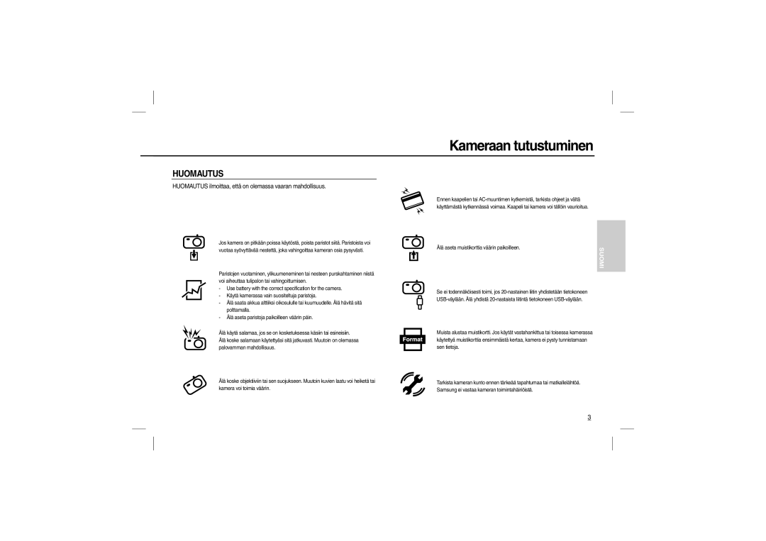 Samsung EC-P800ZPFA/IT, EC-P800ZPFAIT, EC-P800ZBBA/IT manual Huomautus ilmoittaa, että on olemassa vaaran mahdollisuus 