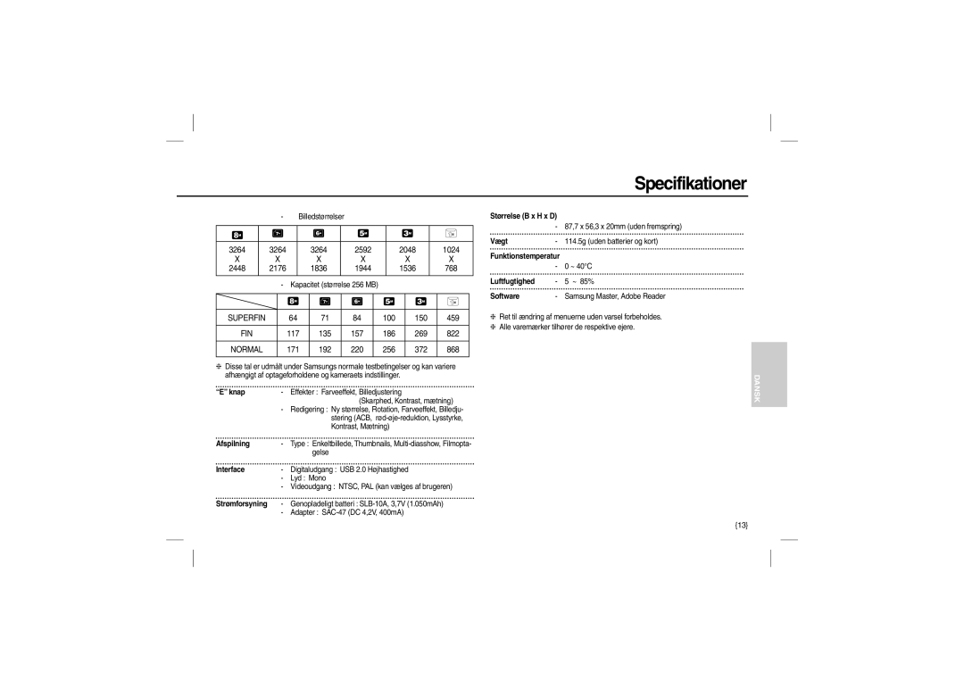 Samsung EC-P800ZBBA/E1 Billedstørrelser 3264, 2048 1024 2448 2176 1836, 1536, Kapacitet størrelse 256 MB, 157, 220, Gelse 