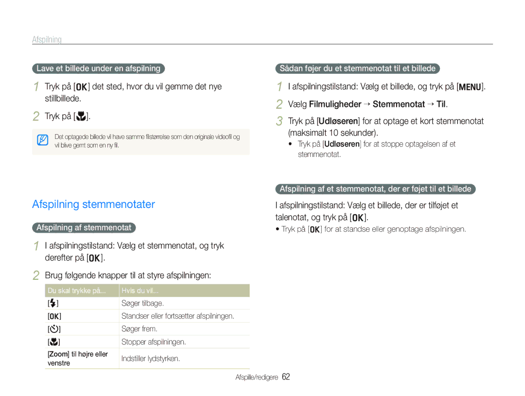 Samsung EC-PL100ZBPBE2 manual Afspilning stemmenotater, Lave et billede under en afspilning, Afspilning af stemmenotat 