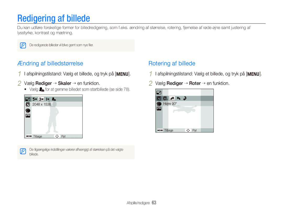 Samsung EC-PL100ZBPSE2, EC-PL100ZBPBE2 manual Redigering af billede, Ændring af billedstørrelse, Rotering af billede 