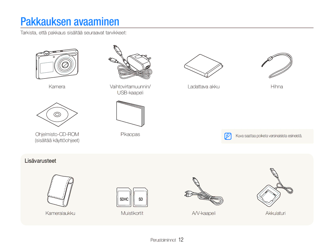 Samsung EC-PL100ZBPSE2, EC-PL100ZBPBE2, EC-PL101ZBDSE2 manual Pakkauksen avaaminen, Lisävarusteet 