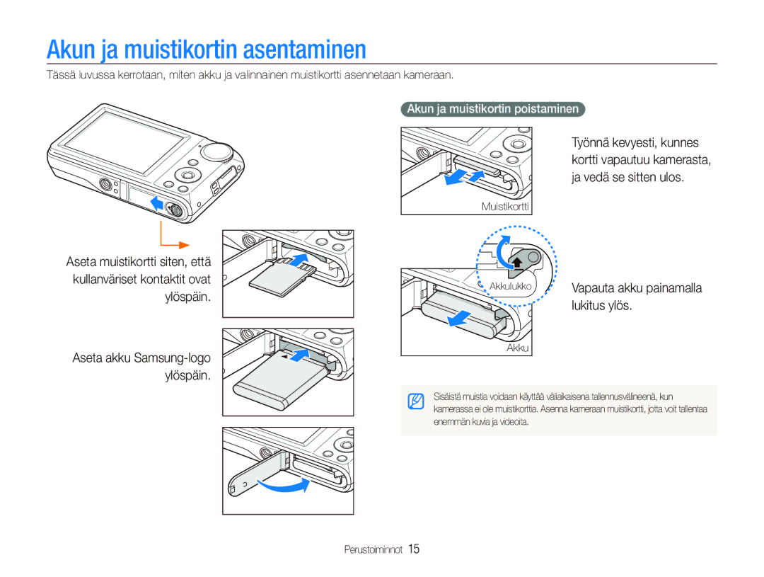 Samsung EC-PL100ZBPSE2, EC-PL100ZBPBE2 Akun ja muistikortin asentaminen, Lukitus ylös, Akun ja muistikortin poistaminen 