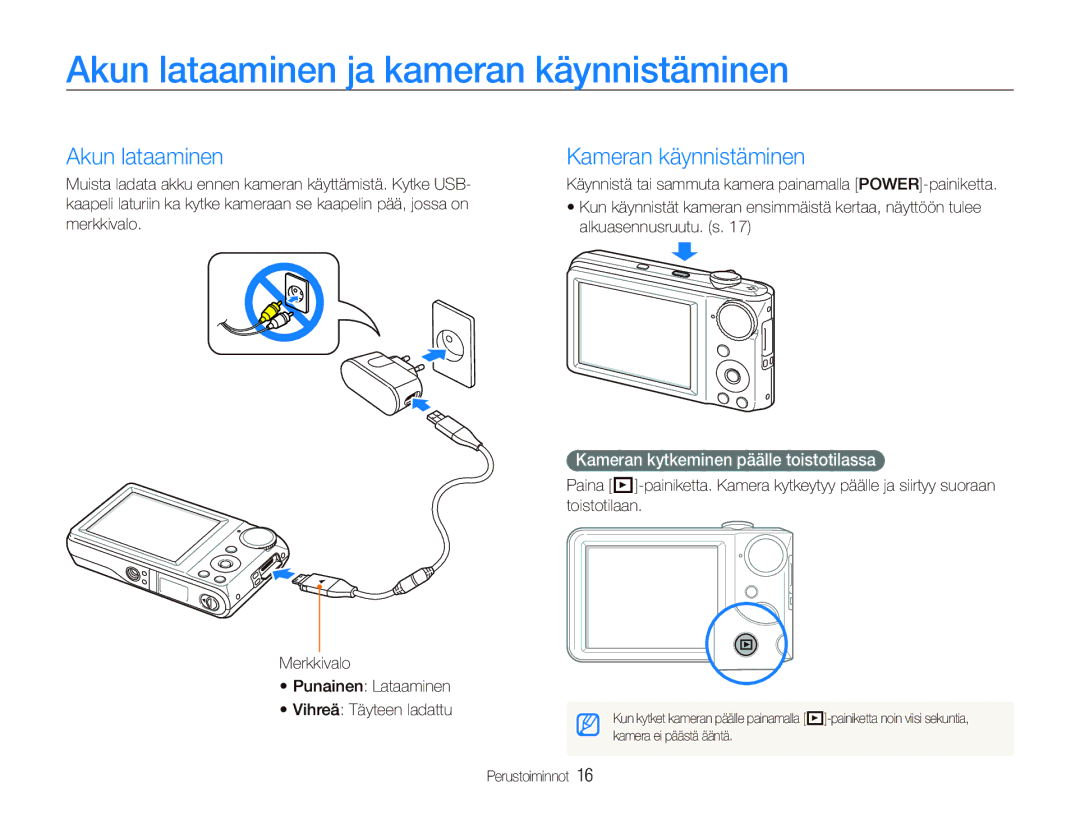 Samsung EC-PL101ZBDSE2 manual Akun lataaminen ja kameran käynnistäminen, Kameran käynnistäminen, Alkuasennusruutu. s 