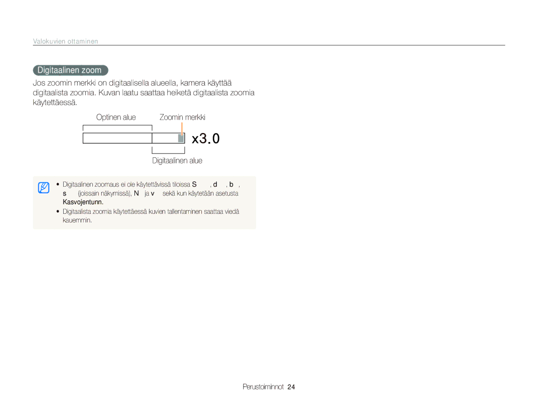 Samsung EC-PL100ZBPSE2, EC-PL100ZBPBE2, EC-PL101ZBDSE2 manual Digitaalinen zoom, Digitaalinen alue 