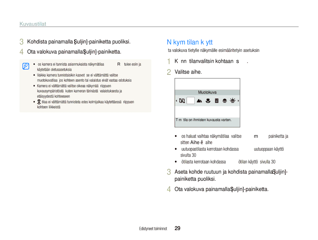 Samsung EC-PL100ZBPBE2, EC-PL100ZBPSE2 manual Näkymätilan käyttö, Kuvaustilat, Käännä tilanvalitsin kohtaan s Valitse aihe 