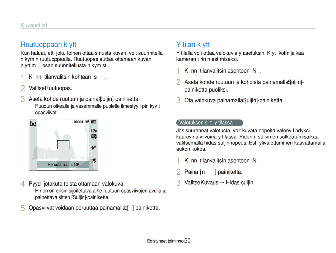 Samsung EC-PL100ZBPSE2, EC-PL100ZBPBE2, EC-PL101ZBDSE2 manual Yötilan käyttö, Valotuksen säätö yötilassa 