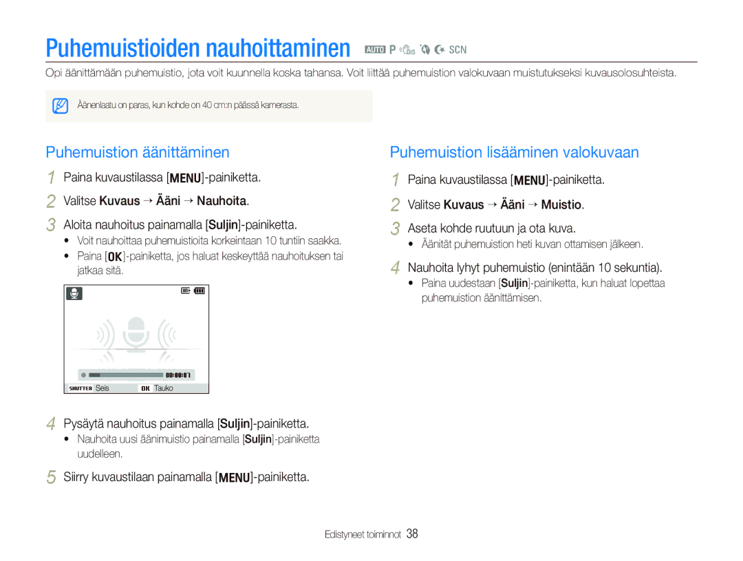 Samsung EC-PL100ZBPBE2, EC-PL100ZBPSE2 manual Puhemuistioiden nauhoittaminen a p d b N s, Puhemuistion äänittäminen 