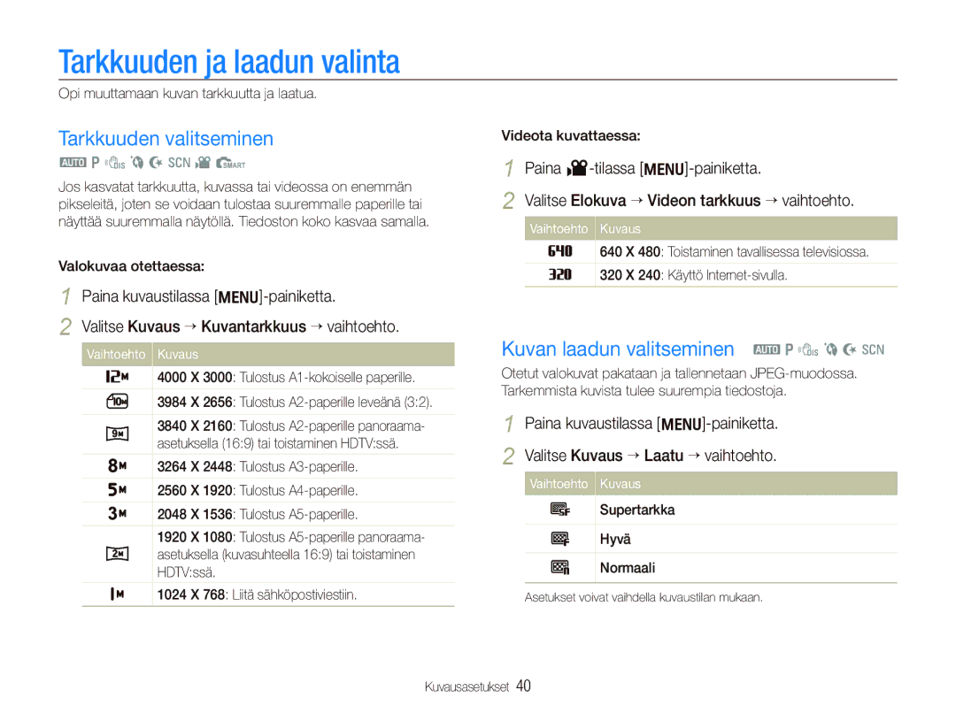 Samsung EC-PL101ZBDSE2 manual Tarkkuuden ja laadun valinta, Tarkkuuden valitseminen, Kuvan laadun valitseminen a p d b N s 