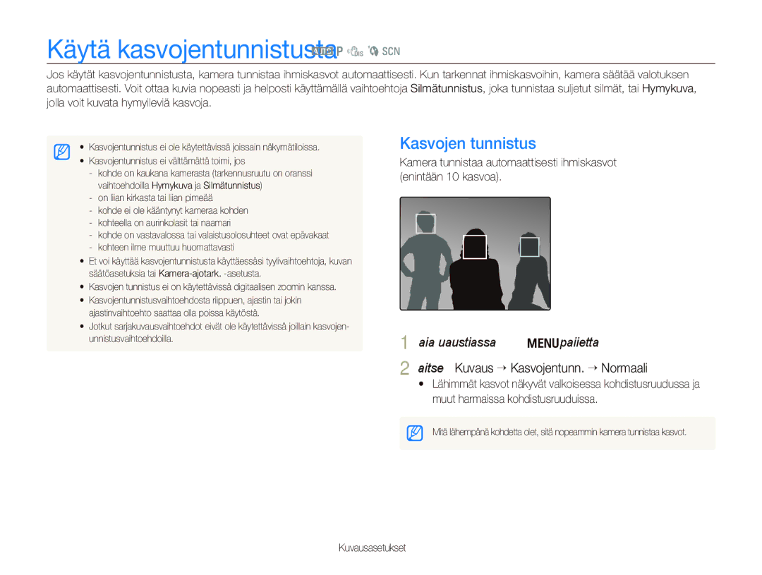 Samsung EC-PL100ZBPBE2, EC-PL100ZBPSE2, EC-PL101ZBDSE2 manual Käytä kasvojentunnistusta a p d b s, Kasvojen tunnistus 