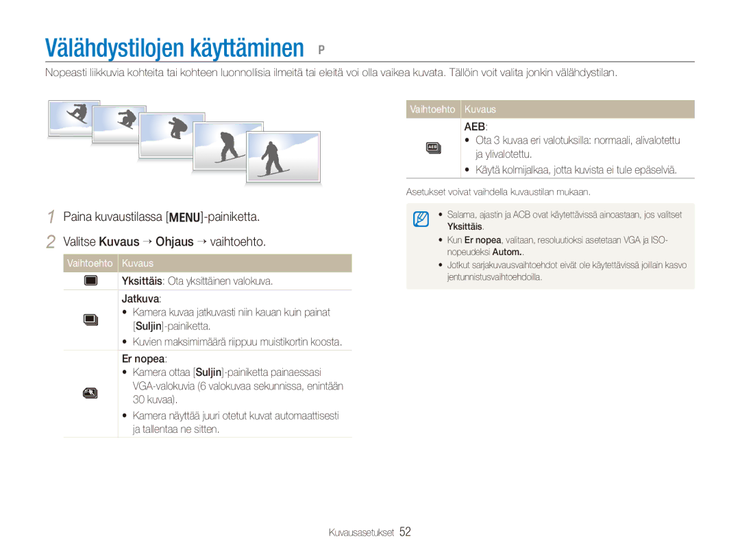 Samsung EC-PL101ZBDSE2, EC-PL100ZBPBE2, EC-PL100ZBPSE2 manual Välähdystilojen käyttäminen p 