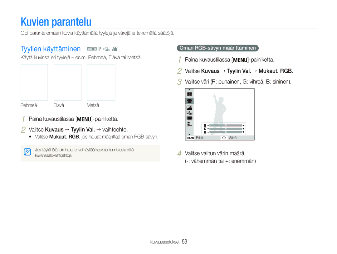 Samsung EC-PL100ZBPBE2, EC-PL100ZBPSE2 manual Kuvien parantelu, Tyylien käyttäminen a p d, Valitse valitun värin määrä 