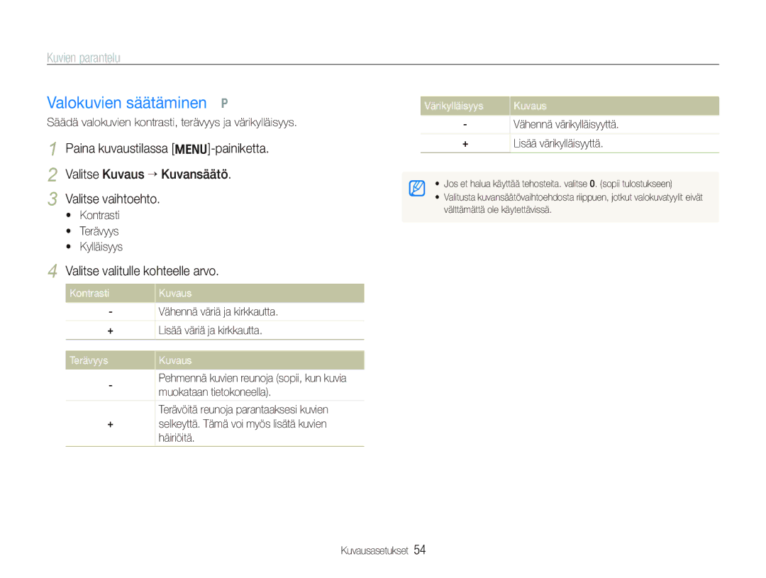 Samsung EC-PL100ZBPSE2, EC-PL100ZBPBE2 manual Valokuvien säätäminen p, Kuvien parantelu, Valitse valitulle kohteelle arvo 