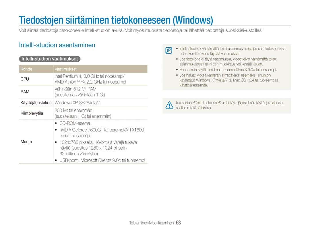 Samsung EC-PL100ZBPBE2 Tiedostojen siirtäminen tietokoneeseen Windows, Intelli-studion asentaminen, Kohde Vaatimukset 