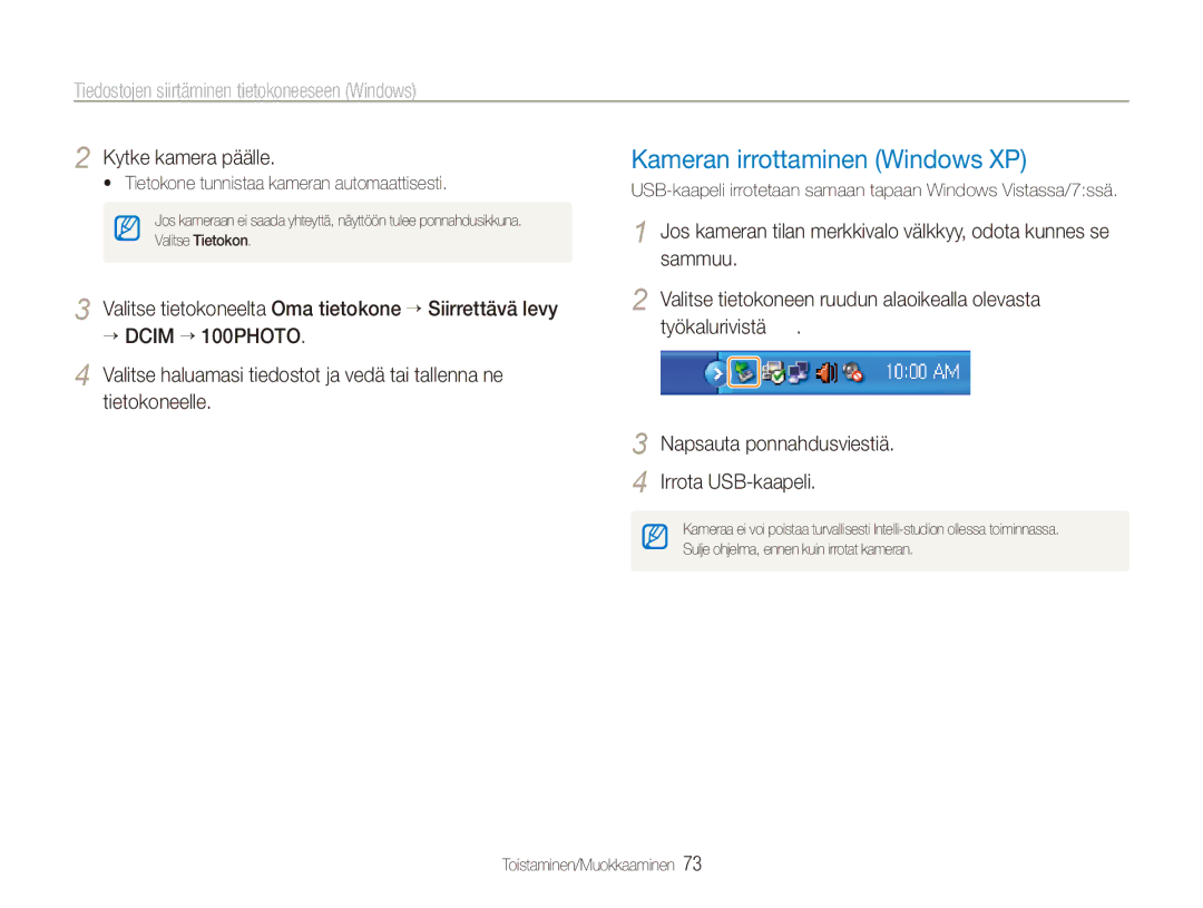 Samsung EC-PL101ZBDSE2 manual Kameran irrottaminen Windows XP, USB-kaapeli irrotetaan samaan tapaan Windows Vistassa/7ssä 