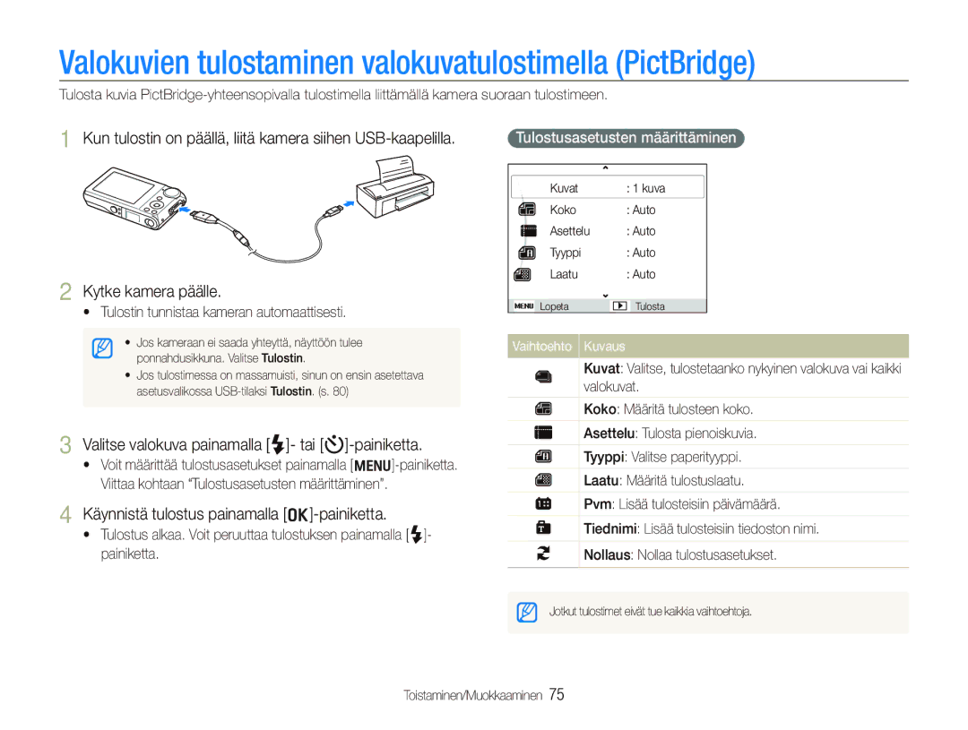 Samsung EC-PL100ZBPSE2 Valokuvien tulostaminen valokuvatulostimella PictBridge, Käynnistä tulostus painamalla o-painiketta 