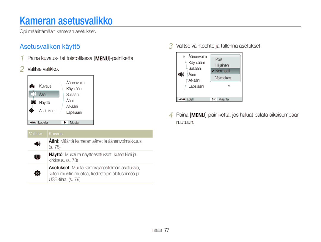 Samsung EC-PL100ZBPBE2, EC-PL100ZBPSE2, EC-PL101ZBDSE2 manual Kameran asetusvalikko, Asetusvalikon käyttö, Valikko Kuvaus 